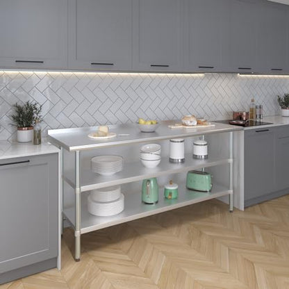 AmGood Stainless Steel Work Table with 1.5" Backsplash and 2 Shelves | Metal Kitchen Food Prep Table | NSF (72" Long x 24" Deep) - size: 72" Long x 24" Deep
