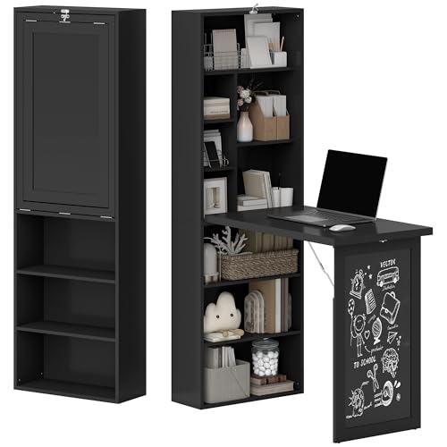 Folding Wall Mounted Desk with Storage, Expandable Hidden Computer Desk, Foldable Space-Saving Pull Out Murphy Table, Writing Table with Blackboard for Home Office Bedroom Small Spaces (Black) - color: Black