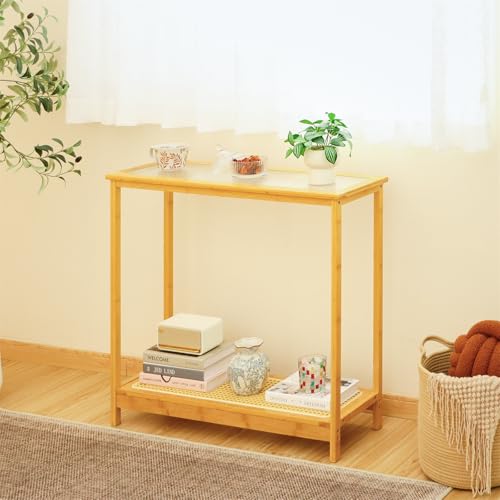 Bamboo Narrow Console Table, 31.5"(L) Wood Small Entryway Table with Rattan and Glass, Accent Slim Hallway Tables, Thin Sofa Side Tables for Hallway, Living Room, Foyer, Burlywood - color: Burlywood 31.5"(l)