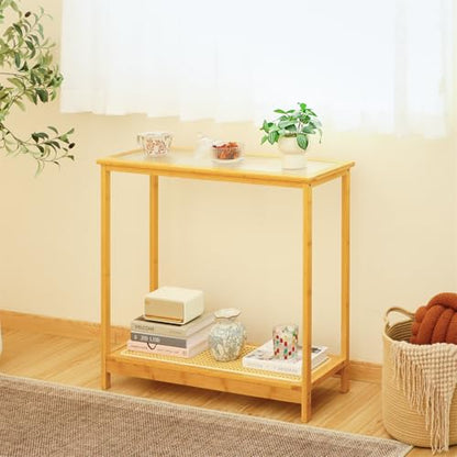 Bamboo Narrow Console Table, 31.5"(L) Wood Small Entryway Table with Rattan and Glass, Accent Slim Hallway Tables, Thin Sofa Side Tables for Hallway, Living Room, Foyer, Burlywood - color: Burlywood 31.5"(l)