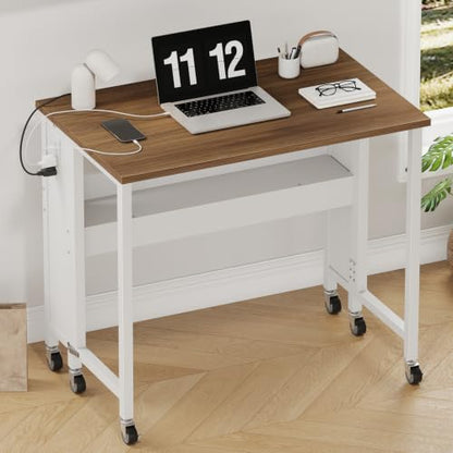 CHOEZON Folding Desk with Power Outlets, 31.5" Rolling Computer Table with Wheels, Portable Office Desk with Storage Shelf for Small Spaces Rustic Brown and White TDN01UWL - color: Rustic Brown and White