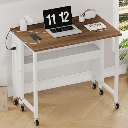 CHOEZON Folding Desk with Power Outlets, 31.5" Rolling Computer Table with Wheels, Portable Office Desk with Storage Shelf for Small Spaces Rustic Brown and White TDN01UWL - color: Rustic Brown and White