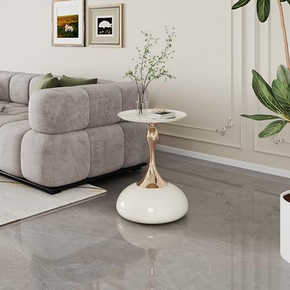 Luxury Round End Table White Gold Modern Small Side Table 15" Living Room Table Iron Sofa Coffee Table Cute Shape, White Gold - color: White