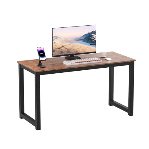 Decoholic 55 Inch Computer Desk, Home & Office PC Laptop Study Writing Table Workstation with Leg Bars, Modern Simple Industrial Style, Rustic Brown - size: 55 Inch