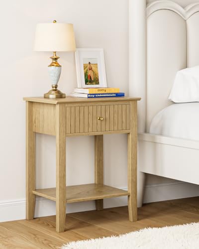 Fluted Nightstand, Farmhouse Night Stand with 1 Drawers, Mid Century Modern Side Accent Table,Bedside End Table for Bedroom, Living Room, Yellow Oak - color: Oak, size: 1 Drawer