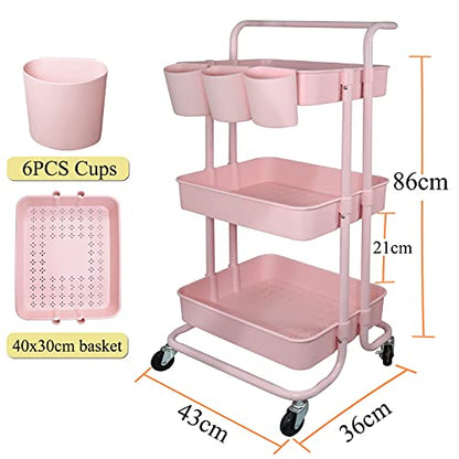 3 Tier Utility Rolling Cart Storage Organizer Shelf Rack with 6PCS Hanging Cups for Home Office Kitchen Bathroom Storage (Pink)