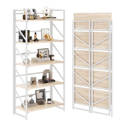 JSB No Assembly Folding Bookshelf, 5 Tier Industrial Metal Book Shelf for Storage, Vintage Wood Foldable Bookcase for Living Room, Bedroom, Office Organization Shelves - color: White, size: Flat Tube 5-Tier