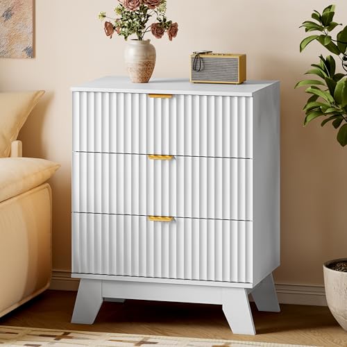 BORNOON Fluted Night Stand with 3 Drawers, Modern Bedside Table Dresser with Gold Handles, End Side Table Storage Cabinet for Bedroom - color: White, size: Standard