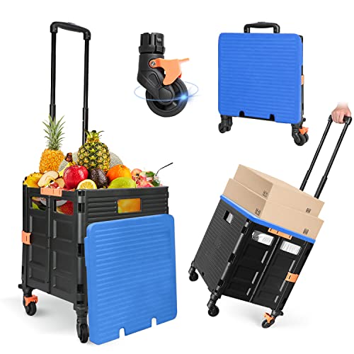 Foldable Utility Cart Folding Portable Rolling Crate Handcart Handcart Shopping Trolley Wheel Box with Lid,360°Rotate Wheels,Heavy Duty Durable Dolly Cart for Teacher Tourist Shopping Office Outdoor - color: Blue, size: Standard