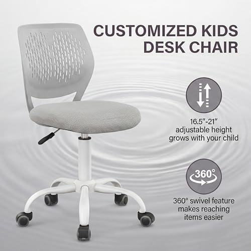 Costzon Kids Desk Chair, Armless Height Adjustable Kids Computer Chair w/Elastic Sponge Filling, Ergonomic Backrest & Stable 5-Point Wheels, Children Rolling Swivel Chair for Studyroom (Gray) - color: Grey