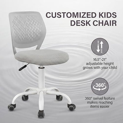 Costzon Kids Desk Chair, Armless Height Adjustable Kids Computer Chair w/Elastic Sponge Filling, Ergonomic Backrest & Stable 5-Point Wheels, Children Rolling Swivel Chair for Studyroom (Gray) - color: Grey