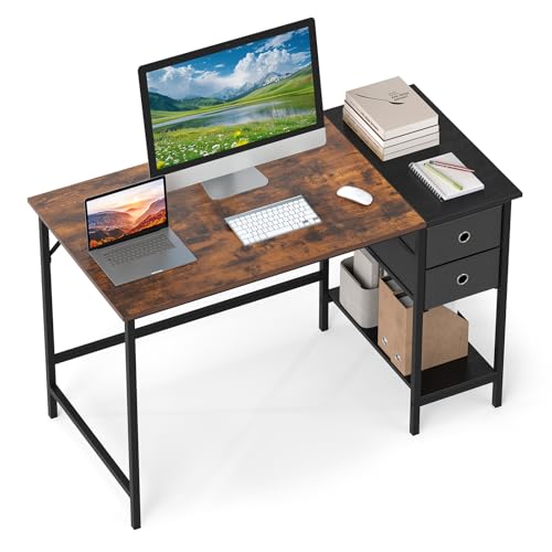 GIANTEX 48" Computer Desk with 2 Fabric Drawers, Industrial Home Office Desk with Open Storage Shelf, 2-Toned Finish & Metal Frame, Gaming Study Writing Table for Small Space, Bedroom, Rustic Brown - color: Rustic Brown
