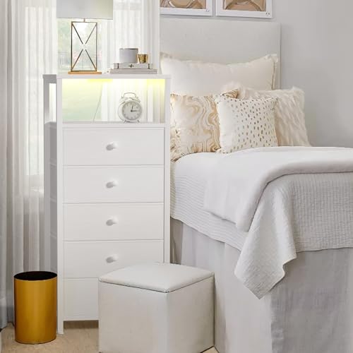 BOLUO White Dresser with 5 Drawers Tall Nightstand with Charging Station and LED Light, Bedside Table Room Storage Drawers Closet - color: A.white, size: 11.8"D x 15.7"W x 39.8"H (5 drawers)