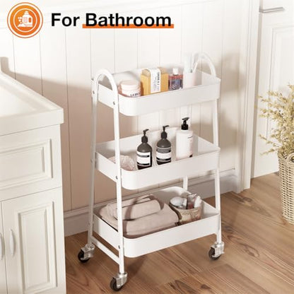 3-Tier Metal Rolling Utility Cart, Small Rolling Cart Kitchen Trolley Bathroom Laundry Room Bar Office Shelves Storage Organizer Shelving Unit with Caster Wheels for Narrow Places, White - color: White