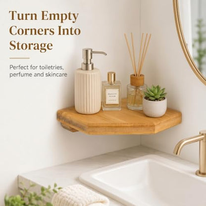 DECHOUS 5.5" Small Corner Shelf Wall Mounted, Natural Bamboo Floating Corner Shelves for Living Room, Wooden Round Rack for Security Camera & Plant