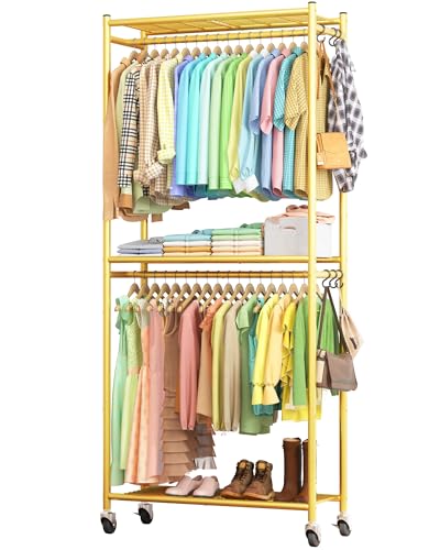 Sakugi Clothes Rack - 33.0" x 12.2" x 79.5" Clothing Rack with Shelves & Wheels, Multi-Functional Wardrobe Closet with Hooks, Sturdy Metal Garment Rack for Bedroom, Laundry, Balcony (Gold) - color: Gold, size: Large