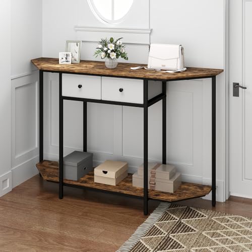 GOFLAME Entryway Table with 2 Fabric Drawers, 51“ Narrow Sofa Table with Open Storage Shelf, Heavy-Duty Frame, Industrial Half Moon Console Table for Living Room, Hallway, Rustic Brown