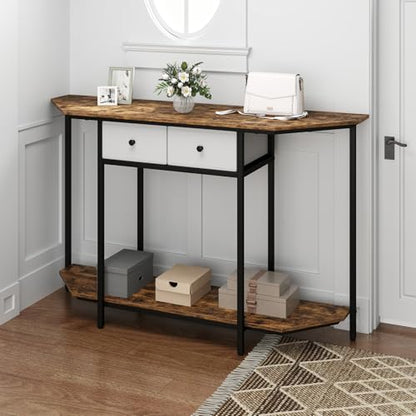GOFLAME Entryway Table with 2 Fabric Drawers, 51“ Narrow Sofa Table with Open Storage Shelf, Heavy-Duty Frame, Industrial Half Moon Console Table for Living Room, Hallway, Rustic Brown