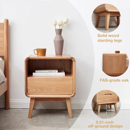 100% Solid Oak Wood Nightstand, Natural Wood Nightstand with Drawer Open Shelf, Mid Century Modern Night Stand, Small Side End Tables, Oak Bedside Table for Bedroom(16.54" Wx13.78 Dx20.47 H) - color: Natural Oak, style: Drawer & Open Storage-1