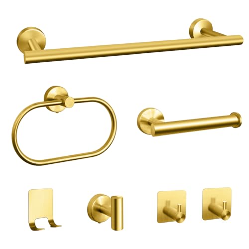 Bathroom Hardware Set, 7 Pcs Bathroom Towel Rack Stainless Steel Bath Hardware Kit Including 16" Hand Towel Bars, Toilet Paper Holders, Towel Rings, Robe Towel Hooks (Gold) - color: 7pcs-gold