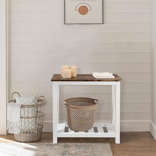 Narrow End Table Rectangular Side Tables for Small Spaces Wood Framed Night Stands Sofa Bedside Table for Living Room Brown Smooth Tabletop Industrial Accent Furniture for Bathroom Bedroom - color: Brown&white