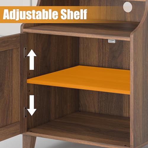 Night Stand Farmhouse Nightstand with Charging Station Bedside Table with Rattan Door&Adjustable Shelf, Wood Couch Side Table End Table for Bedroom, Walnut, 1 Pack - color: Walnut