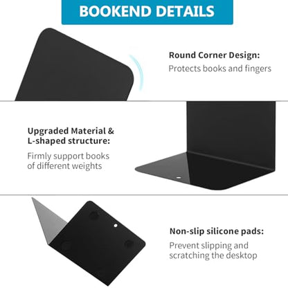 6 Black Heavy Duty Metal Bookends,Invisible Decorative Unique Book Ends,Book Stopper Dividers for Shelves,DeskFile Cabinet, Library,Office,Book Holder for Heavy Books,Bookshelf Organizer,Porta Libros