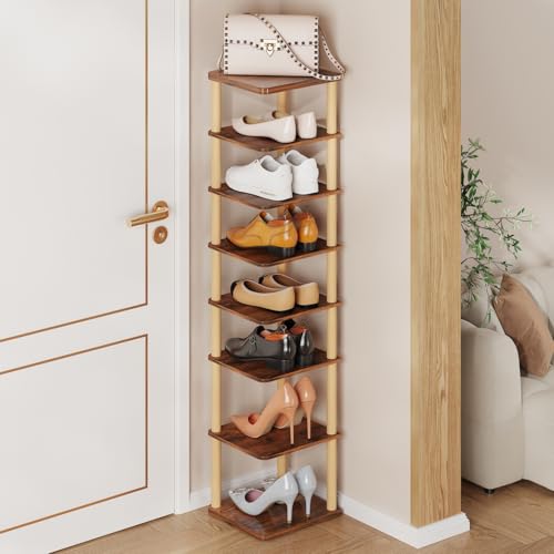 8 Tiers Vertical Shoe Rack, Tall Narrow Shoe Tower, Corner Shoe Rack, Brown | Small Shoe Organizer for Entryway, Closet, Dorm & Small Spaces, Freestanding Wooden Shoe Shelf for Boots, Sneakers, Heels. - color: Rustic Brown