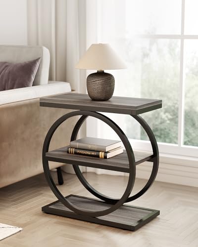 LITTLE TREE End Table Set 2, Side Table with 3 Tiers Shelves, Slim Sofa Side Table for Living Room, Tall Bedside Table Nightstand for Bedroom, Grey and Black - color: Grey