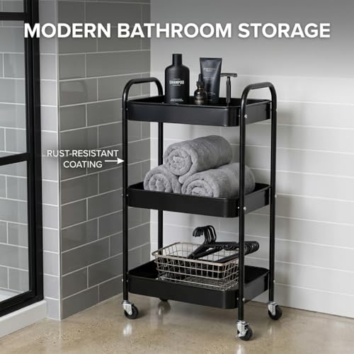 3-Tier Rolling Utility Cart with Ergonomic Handles and Mesh Bottom - Metal Storage Organizer Mobile Shelf Unit on Wheels for Kitchen, Bathroom, Office, Pantry, and Nursery, Black