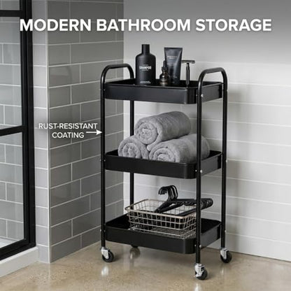 3-Tier Rolling Utility Cart with Ergonomic Handles and Mesh Bottom - Metal Storage Organizer Mobile Shelf Unit on Wheels for Kitchen, Bathroom, Office, Pantry, and Nursery, Black