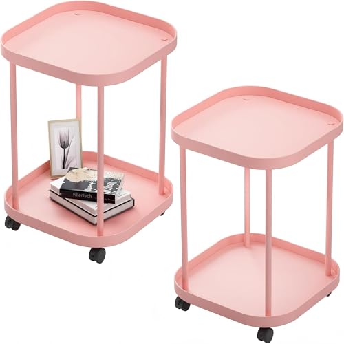 Side Table with Wheels, End Table Living Room Plastic Mobile Sofa Side Table Small Night Stand Bedroom Pink (2 Pack) - color: Pink, size: 2 Pack