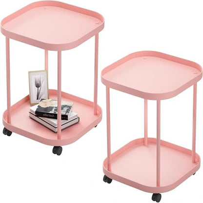 Side Table with Wheels, End Table Living Room Plastic Mobile Sofa Side Table Small Night Stand Bedroom Pink (2 Pack) - color: Pink, size: 2 Pack
