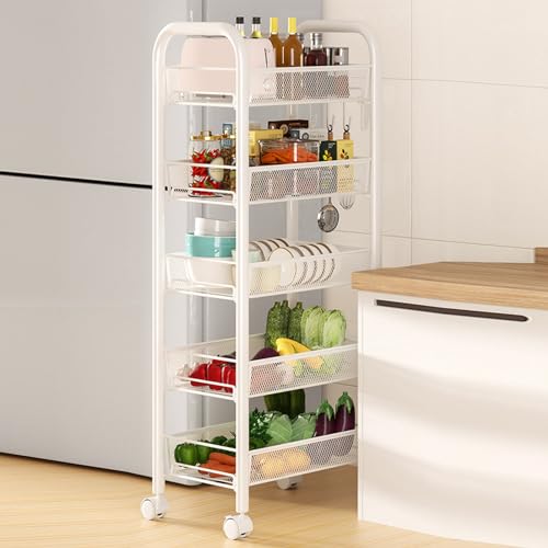 Fruit Vegetable Basket Storage Cart 5 Tier Stackable Metal Mesh Storage Basket with 360 Degree Wheels 41 Inch High Kitchen Storage Cart Snack Cart Kitchen Pantry Bathroom Cart (White) - color: White