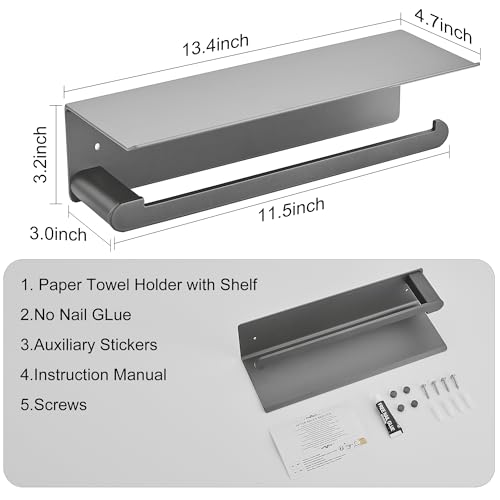 DUFU Paper Towel Holder with Shelf for Kitchen, Grey | Paper Towel Holder Wall Mount for Bathroom, Self-Adhesive Anti-Rust Aluminum, No Drill or Wall-Mounted with Screws - color: Gray