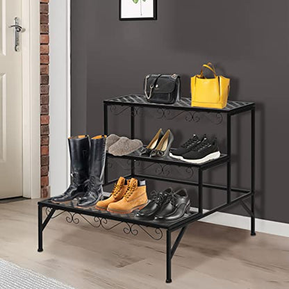 Giantex 3 Tiers Black Metal Plant Stand, Metal Plant Shelf Stands w/ 6-9 Flower Potted Capacity Holders, Multiple Flower Pot Display Rack for Plants Patio Garden Corner Indoor (Rectangular)