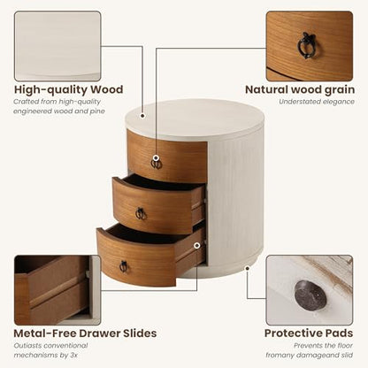 COSIEST 3 Drawer Chest of Drawers, 20 inch MDF Round Storage Cabinet, Retro Whitewash Finish Nightstand, Wood Bedside Table with Drawers for Bedroom Living Room - color: Wood Color-round