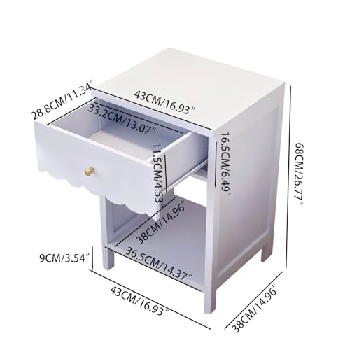 26“ Modern White Nightstand with Drawer and Open Shelf, Scalloped Edge Bedside Table for Bedroom, Cute Minimalist Side Table for Girls' Room (Light Purple)