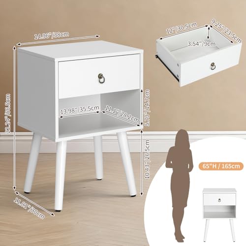 Bonnlo White Nightstand Set of 2, Modern Bedside Table with Drawer Open Shelf, End Table with Solid Wood Legs for Bedroom, - color: White, size: 1 Drawer 1 Shelf