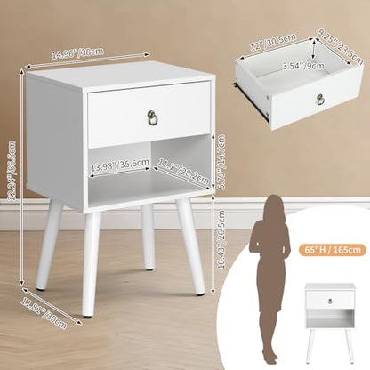 Bonnlo White Nightstand Set of 2, Modern Bedside Table with Drawer Open Shelf, End Table with Solid Wood Legs for Bedroom, - color: White, size: 1 Drawer 1 Shelf