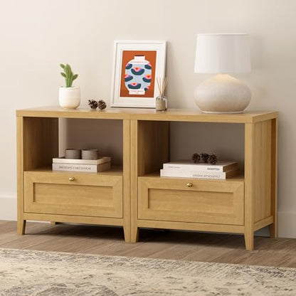 Modern Nightstands Set of 2, Farmhouse End Side Table with Drawer Freestanding Wide Bedside Table for Living Room Bedroom Sofa, Natural Oak - color: 1 Drawer/Natural Oak, size: 2PCS