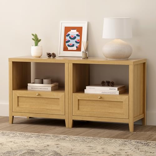 Modern Nightstands Set of 2, Farmhouse End Side Table with Drawer Freestanding Wide Bedside Table for Living Room Bedroom Sofa, Natural Oak - color: 1 Drawer/Natural Oak, size: 2PCS