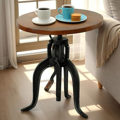 Carolina Chair & Table Adjustable Hand Crank 18" Wooden Top Rustic Side Table - Cast Iron Base Round Accent Table for Farmhouse, Living Room, or Bedroom (Chestnut/Black) - color: Chestnut/Black