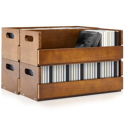 CroBlissful 4 Set Wooden CD Storage Box,Holds 144 CDs(36 Each),Stackable CD Holder Organizer with Magnetic Front Flap and Carrying Handles for DVDs, Cassette Tapes and Movie Cases (Brown) - color: Brown