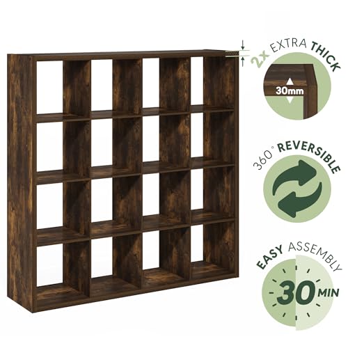 Furinno Cubicle 16-Cube Book Shelf, Extra Thick Frame Bookshelf, Amber Pine | 14.6" x 58" x 58", Reversible Bookcase with Open Back, for Living Room, Bedroom, Home Office - color: Amber Pine, size: 16-Cube,1.2In