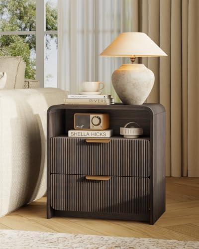 24" Fluted Nightstand Set of 2 with Charging Station, Bedside Table with Metal Handle, NightStand with 2 Drawer and Shelf, End Table for Bedroom, Curved Profile, Black Walnut - color: Black Walnut-2 Drawers, size: 2 Drawers