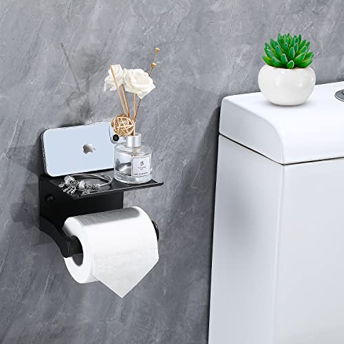 Toilet Paper Holder with Phone Shelf, Self Adhesive Aluminum Tissue Roll Dispenser for Mega Roll, Wall Mounted Toilet Paper Roll Holder for Bathroom, Matte Black - color: Matte Black