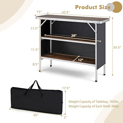 COSTWAY Folding Picnic Table, Portable Camping Table with Carry Bag, Lightweight Aluminum Food Prep Station with 2 Shelves, Quick Set-up, BBQ, Party, Backyard - color: Brown, size: 43.5"W x 34.5"H