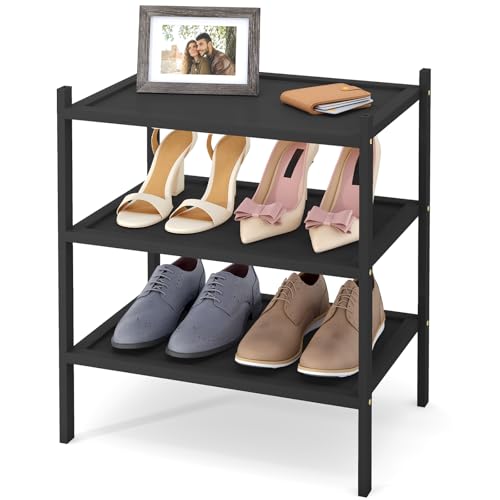 Smiry Bamboo Small Shoe Rack, 3 Tier Shoe Organizer for Closet, Black | Stackable Shoe shelf for Entryway, Free Standing Storage for Shoes, Bags & Plants, with Solid Slab Shelves - color: Black, size: 3 Tier-17.32" Wide