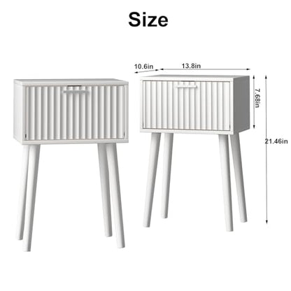 LAATOOREE Nightstands Set of 2, Small Side Table, Bedside Table with Fluted Door, Solid Wood Feet; Modern Mid-Century End Table for Bedroom, Small Space (White) - color: White, style: Fluted Style